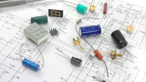 Some common components include capacitors and resistors, as well as transistors, LED displays, and chips.