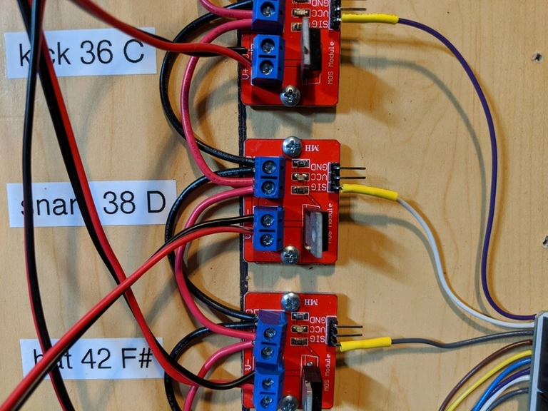 Here’s a closeup of how we wired our IRF520 modules. You can see that the power to the modules is in parallel.